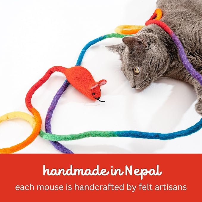 Catch a Mouse by The Tail Wool Cat Mouse Toy with a 6-Ft Tail for Indoor Cats Kittens. Cute Toy Mouse, Mouse Cat Toy, Rat Plush Toy, Fake Mice. No Catnip. Pride (Rainbow)