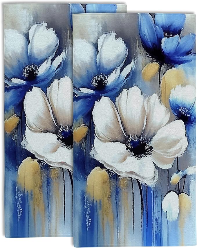 Watercolor White Blue Flowers Hand Towel Set of 2,Abstract Oil Painting Floral Soft Absorbent Decorative Bathroom Kitchen Towel for Bathroom Kitchen Hotel Gym Yoga