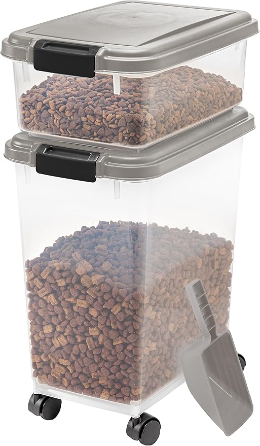 IRIS USA Dog Food Storage Container, 30 lbs & 11 lbs Combo, Cat Food Storage Container, Dog Treat Container, Airtight, Stackable, 2-Cup Scoop, Wheels, Easy Mobility, Chrome