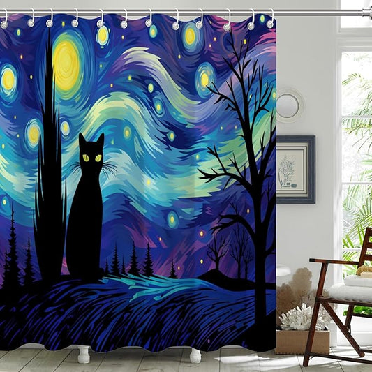Black Cat Starry Night Shower Curtain,Inspired Bathroom Decor with Whimsical Galaxy Sky,Gothic Witchcore Aesthetic for Cat Lovers,Waterproof Curtain with Hooks, 72x72 Inches