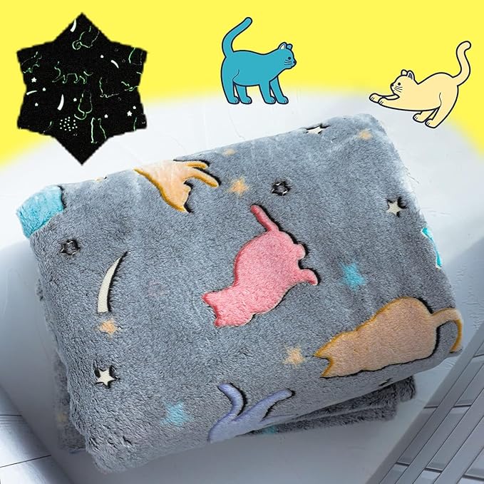 Sviuse Glow in The Dark Cat Blanket Gifts for Cats Lovers Soft Flannel Twin Size Glow Throw for Girls Kids Women Luminous Blankets (60" X 80", Cat 9)