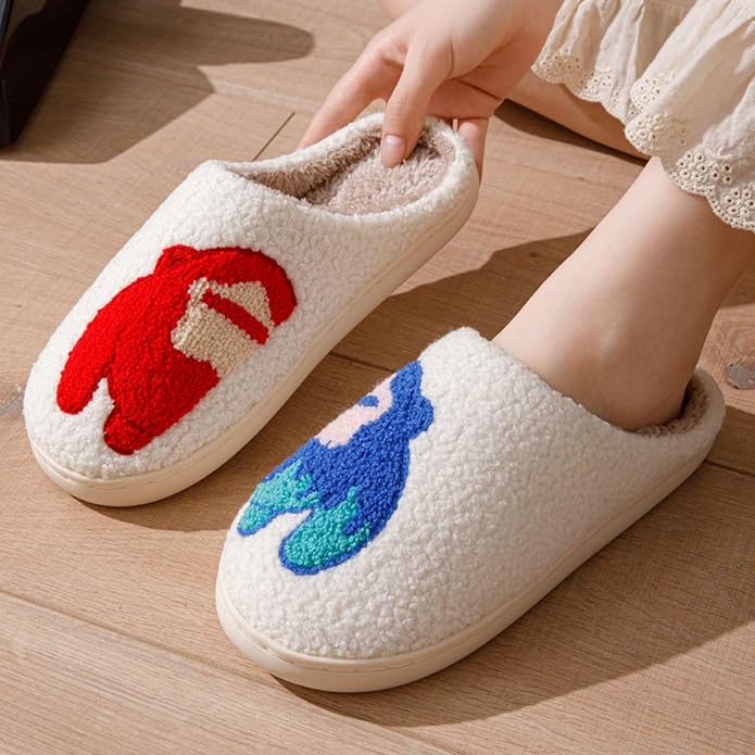 Animal Pattern Slippers - Hello Cat, Bear, Moose & Love Designs - Comfy Memory Foam Plush Cloud Slippers for Couples & Indoor Home