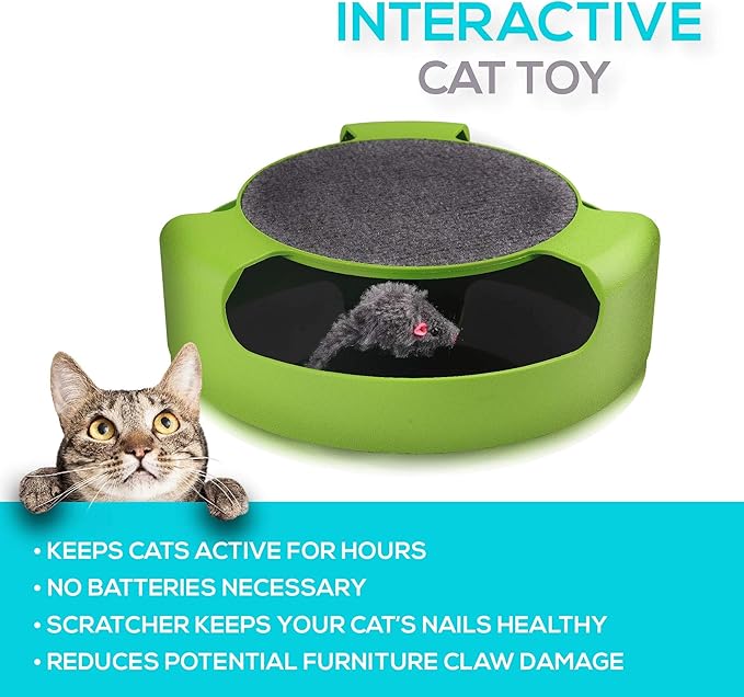 Pets First CAT Scratcher Spinning Mouse Toy for Cats - Interactive Cat Toy Catch The Mouse Fun Game - 2-in-1 Scratching Toy for Cats - No Battery Required - Rotating Mouse Pet Toy