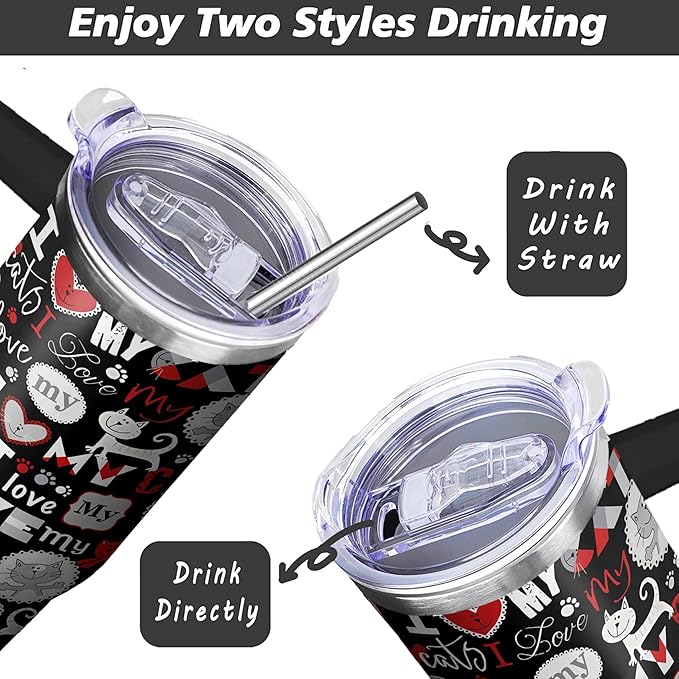 40 Oz Cat Tumbler With Straw and Handle, Double Wall Stainless Steel Coffee Mug, Insulated for Cat Lovers, Mom or Dad Cups Gifts for Women