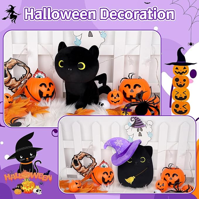Black Cat Plush, 8Inch Black Cat Stuffed Animals with Witch Hat, Cute Black Cat Plushie Doll, Soft Stuffed Cat Plush Toys for Kids Boys Girls Birthday Christmas Party Favor Decoration