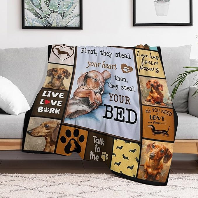 Dog Print Blanket Cute Dachshund Animal Throw Blankets for Couch Sofa Bed Stuff Decor Lightweight Soft Cozy Fleece Plush Flannel Bedding Gifts for Baby Girls Boys Kids Adults Lover Men Women 40"x50"