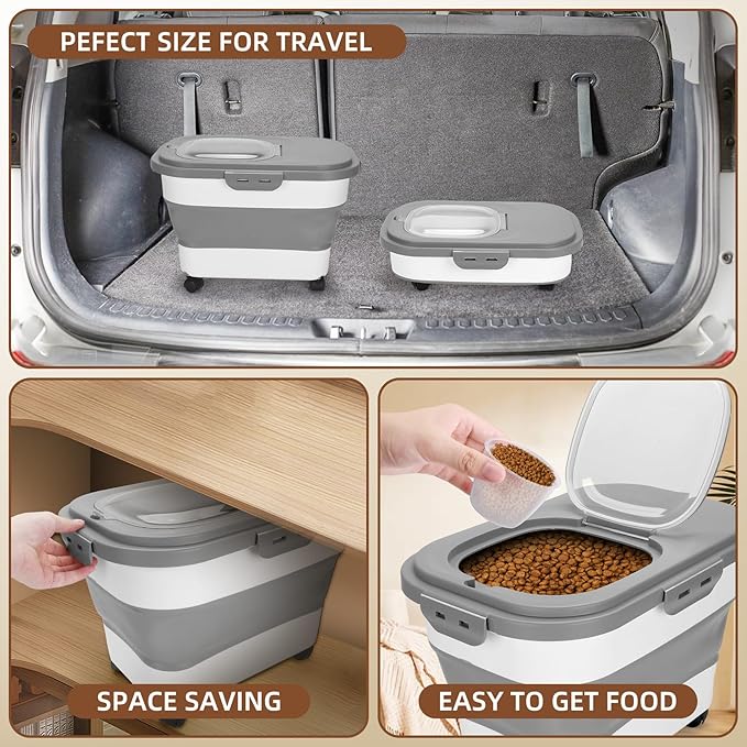 Dog Food Storage Container 17 lb, Airtight Pet Food Storage Containers with Wheels & Removable Sealed Lid, Collapsible Cat Food Containers Dry Food with Scoop and Measuring Cups