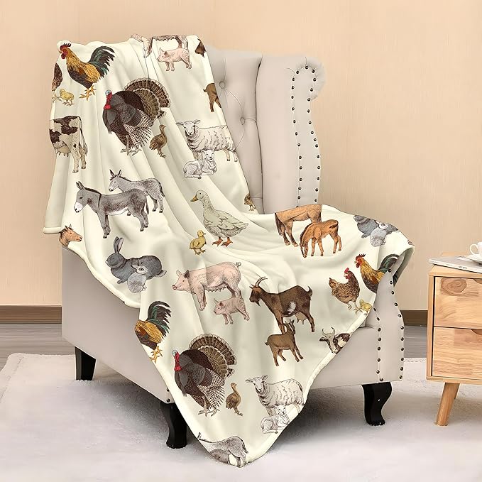 Farm Animal Blanket Throw 50"x40", Cozy Lightweight Plush Cow Chicken Pig Sheep Horse Rabbit Farm Animals Blanket, Gifts for Kids Women