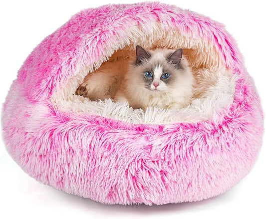 Cat Beds & Dog Bed with Cover Cave, Dog Beds for Small Dogs, Round Soft Plush Donut Calming Pet Bed for Indoor Cats or Small Dog, Washable Puppy Bed with Non-Slip Bottom-24inch
