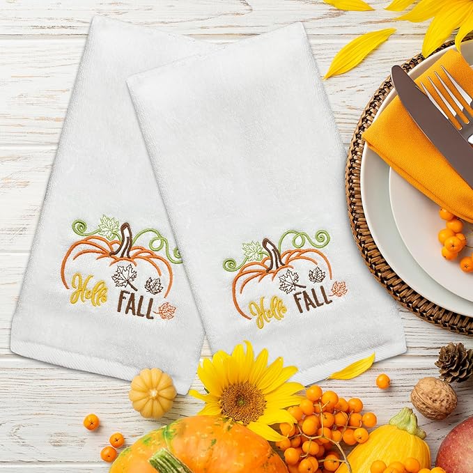 Hexagram Fall Hand Towels Set of 2, Hello Fall Bathroom Embroidered Towels, Pumpkin Hand Towel for Bathroom 14" x 30", Autumn Decorations for Home