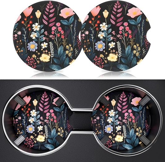 2 Pack Car Cup Holder Coasters, 2.63 Inch Anti Slip Ceramic Absorbent Coaster with Cork Base and Finger Notch, Cute Car Accessories Interior for Women