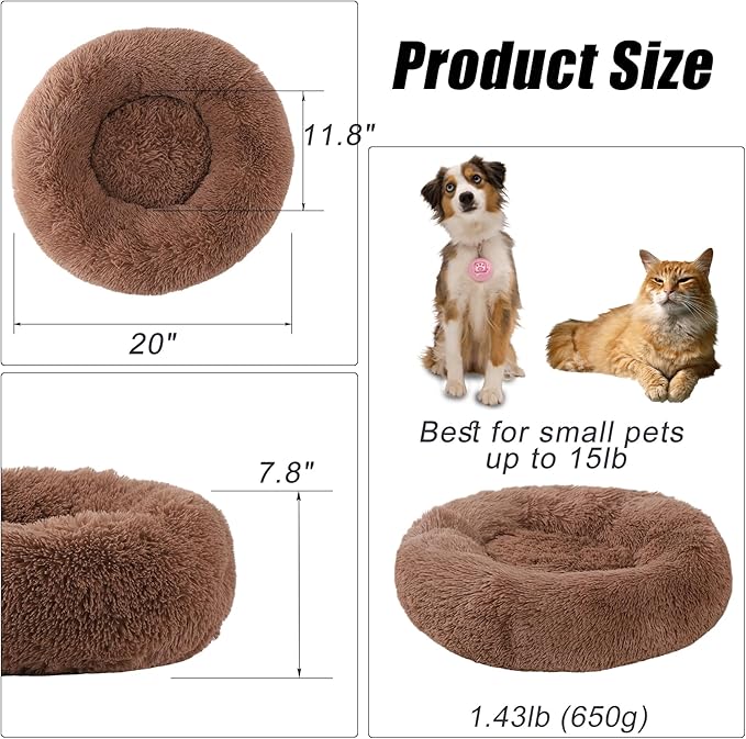 Calming Dog Bed, Dog Beds Fits up to 15 lbs Pets, Fluffy Donut Dog & Cat Bed Washable, Round Anti Anxiety Dog Bed, Small Dog Bed with Non-Slip Bottom (Khaki, 20" x 20")