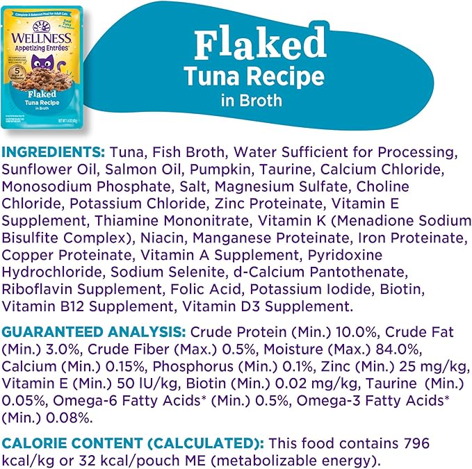 Wellness® Appetizing Entrées™ Flaked Tuna Recipe in Broth Natural Wet Cat Food, 1.4 oz Pouch (Pack of 8