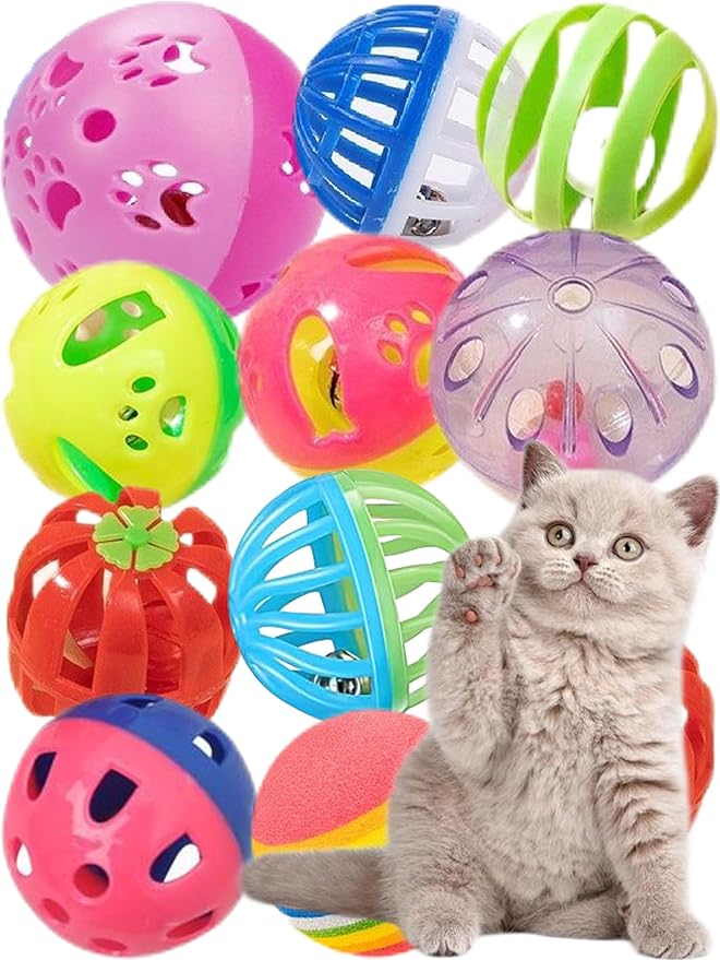Classic Cat Toys for Indoor Cats, 10 Pcs, 1.5''~2.2'', Plastic Cat Ball with Bell to Arouse The Cat's Interest, for All Breed Sizes