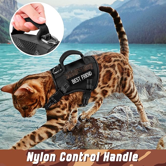Tactical Cat Harness, Air Mesh Cat Walking Vest Harness Escape Proof, Reflective Extra Large Cat Harnesses with Handle for Adult Fat Cats (Black, XL)