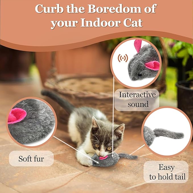 SunGrow Squeaky Plush Mice for Cats, 3 Tug Squeaker Chews for Kittens' Interactive Fun, Hide and Seek Activity, Soft Stuffed Fetch for Ferrets