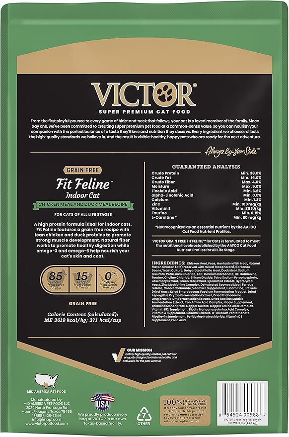 Victor Super Premium Cat Food – Grain Free Fit Feline - Dry Cat Food for Indoor Cats - for All Breeds and All Life Stages from Kitten to Adult, 5lb