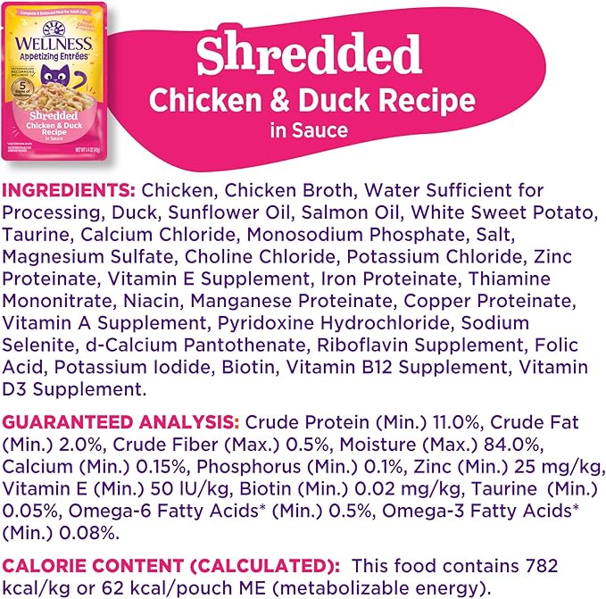 Wellness® Appetizing Entrées™ Shredded Chicken & Duck Recipe in Sauce Natural Wet Cat Food, 1.4 oz Pouch (Pack of 8)