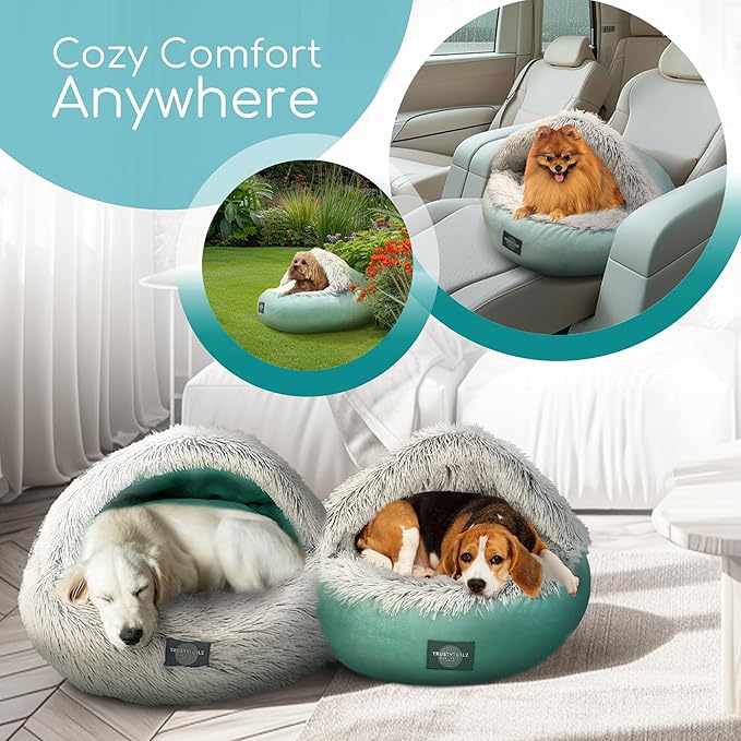 TrustyTailz Cozy Cave Dog Bed and Cat Cave Bed with Hooded Cover, Snap-in Frame, Washable and Removeable, Plush Grey Fluffy Cover Indoor Cats or Small Dog Beds, Non-Slip Base (Medium)