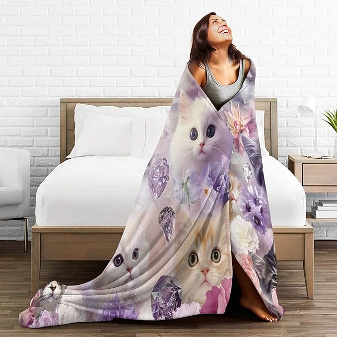 Kawaii Cat Blanket - Soft Cozy Kitten Plush Throw Blanket, Super Warm Fleece Fuzzy Bedding Blanket for Kids, Girls, Boys, Women Bed Decor Stuff, 40"X50"