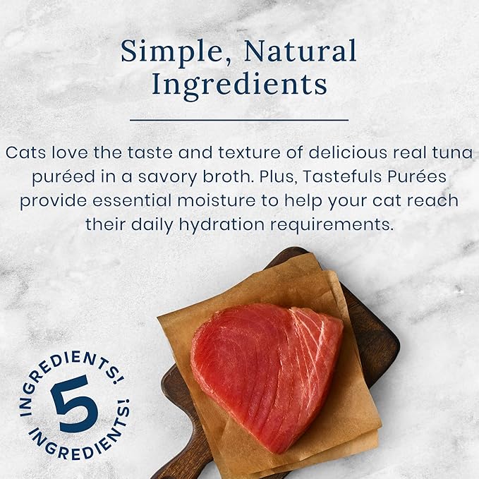 Blue Buffalo Tastefuls Purées with Tuna, Natural Cat Food Complement, Resealable Twist Cap Pouches, 3-oz (12 Count)