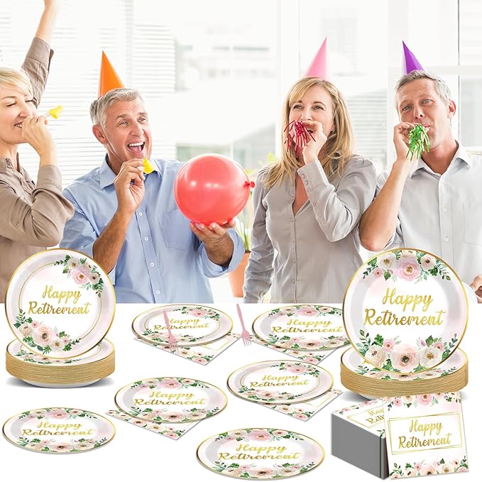 96Pcs Flower Retirement Party Decorations for Women White Peony Happy Retirement Plates Tableware Pink Gold Floral Retirement Dinnerware Napkin for Goodbye Going Away Farewell Party Supplies 24 Guests