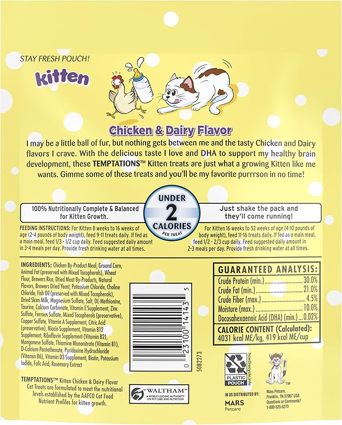 Temptations Kitten Crunchy and Soft Treats Chicken and Dairy Flavor, 6.3 oz. Pouch, (Pack of 10)