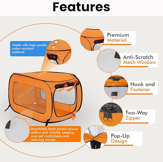 Beatrice Home Fashions Portable, Collapsible, Pop Up Kennel Travel Cat and Dog Crate, 24" L x 16.6" W x 16" H, Orange