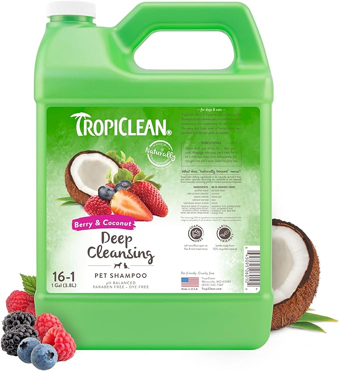 TropiClean Deodorizing Cat & Dog Shampoo for Smelly Pets, Puppy & Kitten Safe, Long Lasting Odor Control, Berry Scent, Made in the USA, 1 gallon