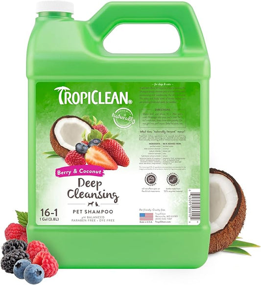 TropiClean Deodorizing Cat & Dog Shampoo for Smelly Pets, Puppy & Kitten Safe, Long Lasting Odor Control, Berry Scent, Made in the USA, 1 gallon