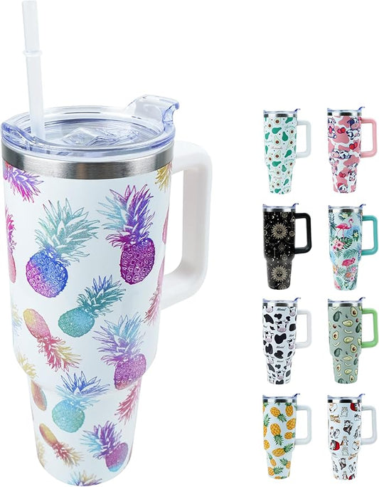 40 oz Tumbler with Handle and Straw, Stainless Steel Insulated Cup with Leak Proof Lid and Straw Lid, Keep Drinks Cold and Hot for Hours(Pineapple)