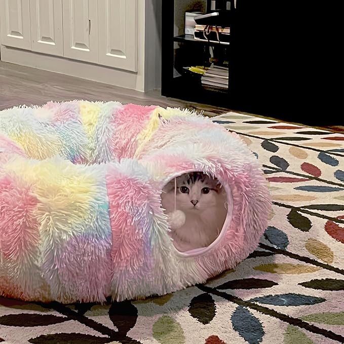 Cat Tunnel Bed for Indoor Cats with Washable Cushion Cat Cave Donut Tunnel with Fluffy Ball Big Round Tube Pet Playground Toys Soft Plush Peekaboo for Kitten, Cat, Puppy, Rabbit, Ferret