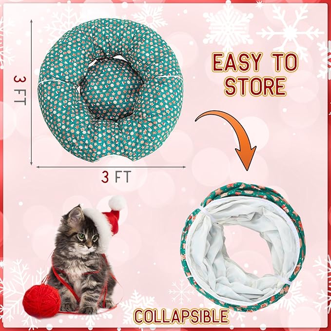 Cat Tunnel Bed Under Christmas Tree 3 ft x 3 ft x 10 Inch Cat Bed Tunnel with Hanging Ball Xmas Cat Donut Tunnel Round Cat Hideaway Holiday Circle Cat Cave Pets Gift(Green,Santa Claus)