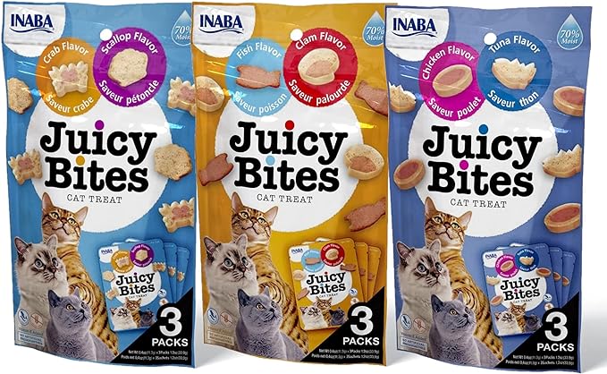 INABA Juicy Bites Grain-Free, Soft, Moist, Chewy Cat Treats with Vitamin E and Green Tea Extract, 0.4 Ounces per Pouch, 9 Pouches (3 per Pouch), 3 Flavor Variety Pack