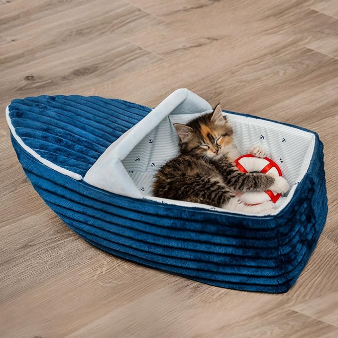 Furhaven Soft & Cozy Cat Bed w/ Catnip Toy for Indoor Cats, Washable w/ Removable Pillow Cushion Insert - Corduroy Boat Bed - Blue, Small