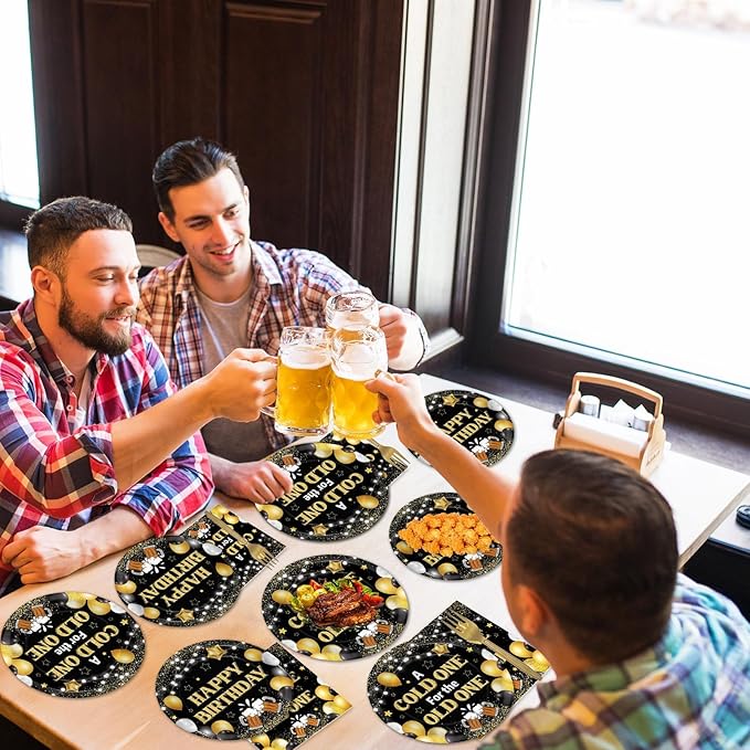 96 Pcs A Cold One for The Old One Party Decorations Black Gold Tableware Set for Men Party Favor Cheers Birthday Party Plates and Napkins for 30th 40th 50th Dinnerware Supplies for 24 Guests