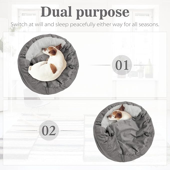 Dog Bed Warm with Hooded Blanket, Anti-Anxiety Puppy Pet Bed Cave Super Soft, Non-Slip Bottom, Machine Washable, Cozy Donut Indoor Pet Beds Fluffy for Dogs and Cats, Fits up to 33 lbs, 27.6 inch Grey