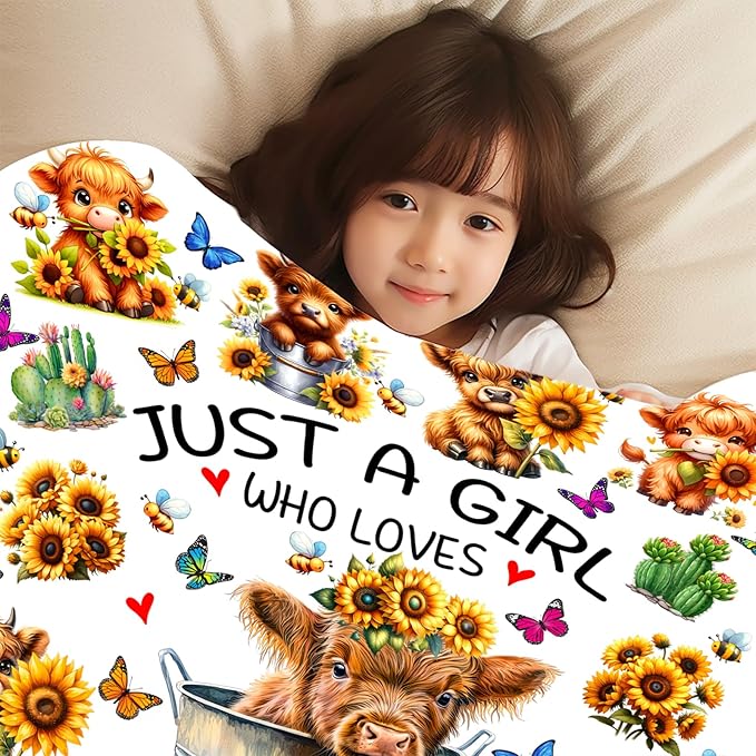 Highland Cow Gifts Sunflower Highland Cow Print Blanket Throw Plush Stuff Cute Animal Butterfly Gifts for Girls Kids Women Adults Highland Cow Lovers Birthday Decorations 60"X50"