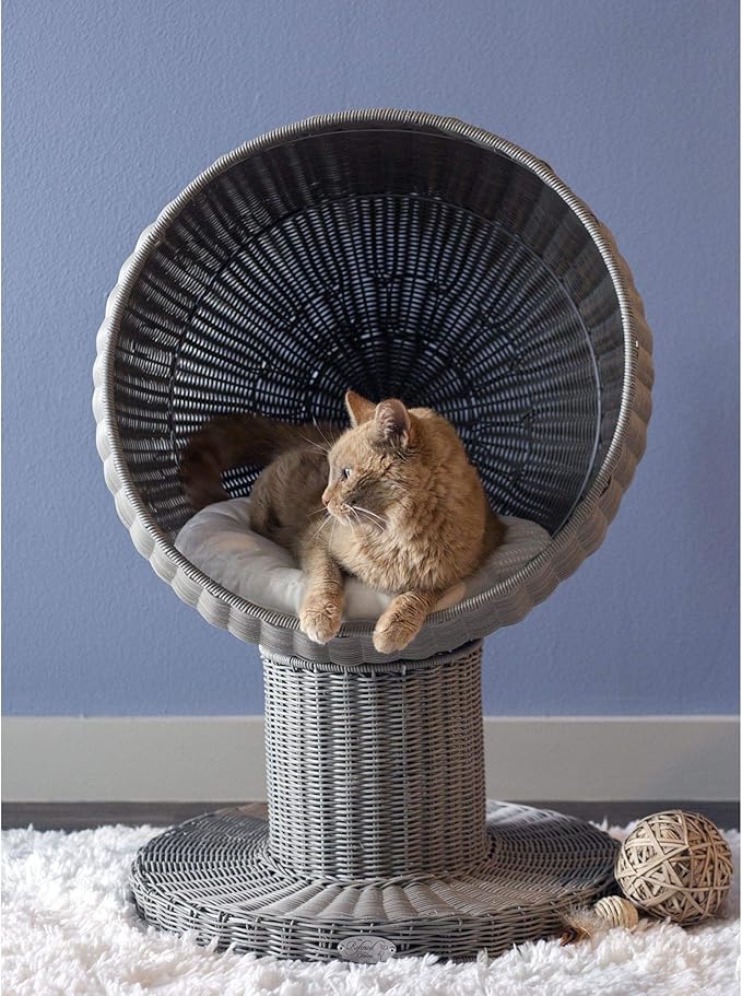 THE REFINED FELINE Kitty Ball Cat Bed Cave for Indoor Cats in Smoke, Claw-Proof Faux Rattan Cat Furniture, Easy to Clean Elevated Cat Bed with Washable & Replaceable Covered Cushion