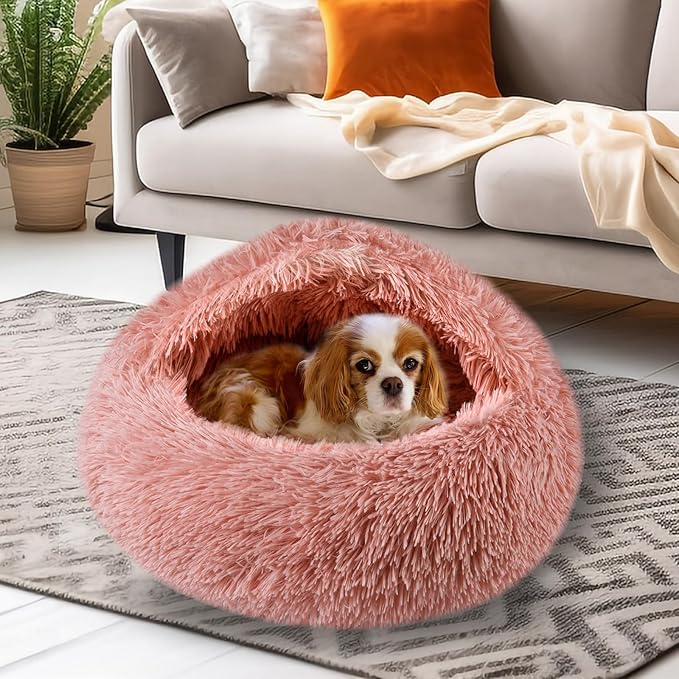 Calming Dog Beds & Cat Cave Bed with Hooded Cover,Washable Round Beds for Small Medium Pets,Anti-Slip Faux Fur Fluffy Coved Bed,Comfortable Warming Pet Bed(20 * 20inch,Leather Pink)