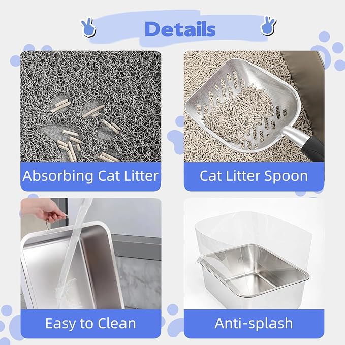 2 Sets Stainless Steel Cat Litter Box with High Sides Cat Litter Tray, Metal Cat Litter Pans with Plastic Shield Easy to Clean Cat Litter Scoops Cat Litter Mats 17.7x13.8x5.9inch
