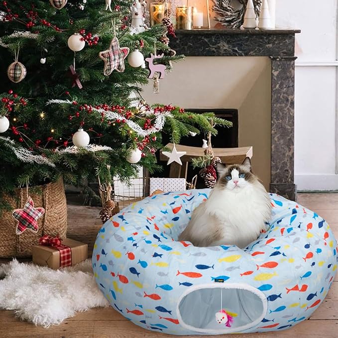 Ownpets Large Cat Tunnel Bed for Indoor Cats, Soft Plush Cat Donut Tunnel with Washable Cushion, Cute Peekaboo Cat Cave for Cat, Puppy, Rabbit, Blue