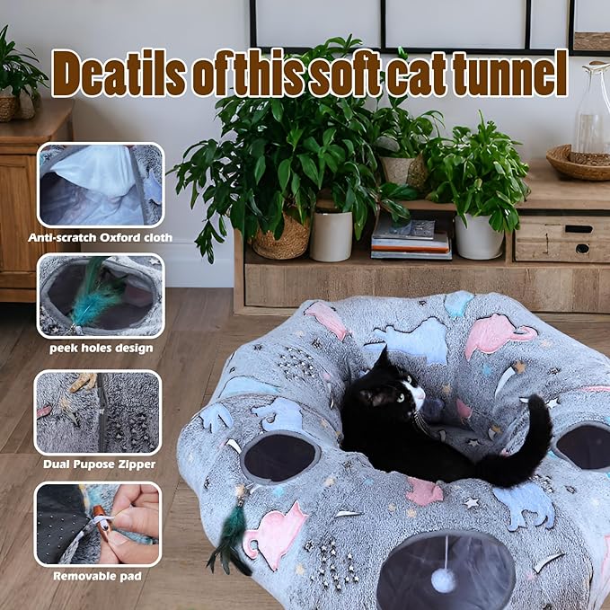 Cat Tunnel Bed,Cat Tunnel Bed with Soft Central Cat Couch,Cat Toys for Indoor Cats,Collapsible Peekaboo Cat Cave,Cat Donut Tunnel and Kitty Toy Set（Luminous，Donut）
