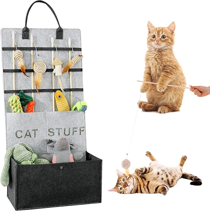 MABOZOO Cat Toy Storage Organizer for Wand Toys,Durable Pet Storage Box with Handle Cat Feather Toy Storage Hanging Bag for Neatly Organizing Teaser Wand Toys（Dark Grey）