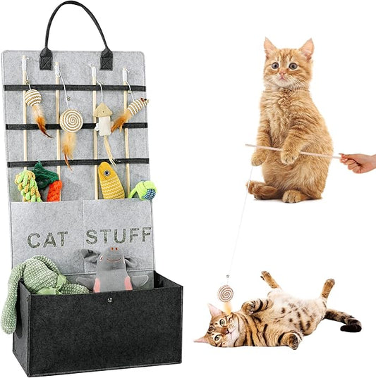 MABOZOO Cat Toy Storage Organizer for Wand Toys,Durable Pet Storage Box with Handle Cat Feather Toy Storage Hanging Bag for Neatly Organizing Teaser Wand Toys（Dark Grey）
