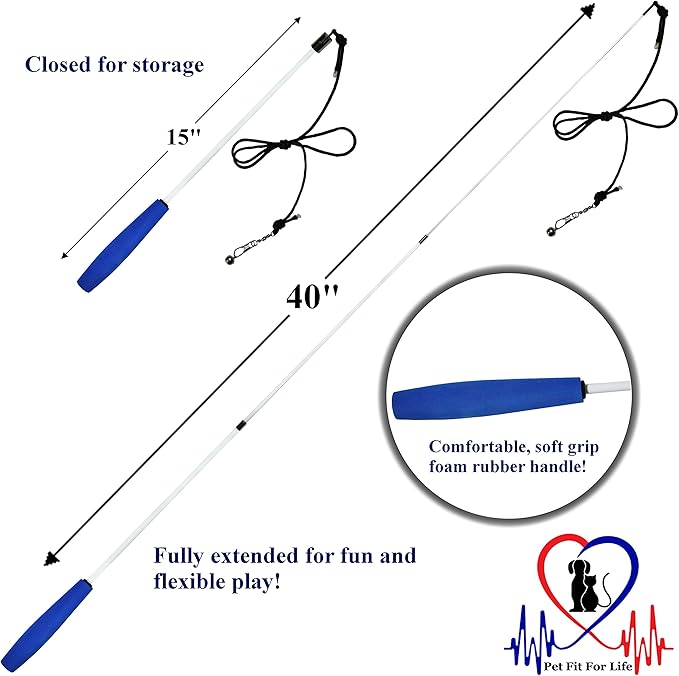 Pet Fit For Life Retractable Wand with 2 Feathers For Your Cat and Kitten - Cat Toy Interactive Cat Wand