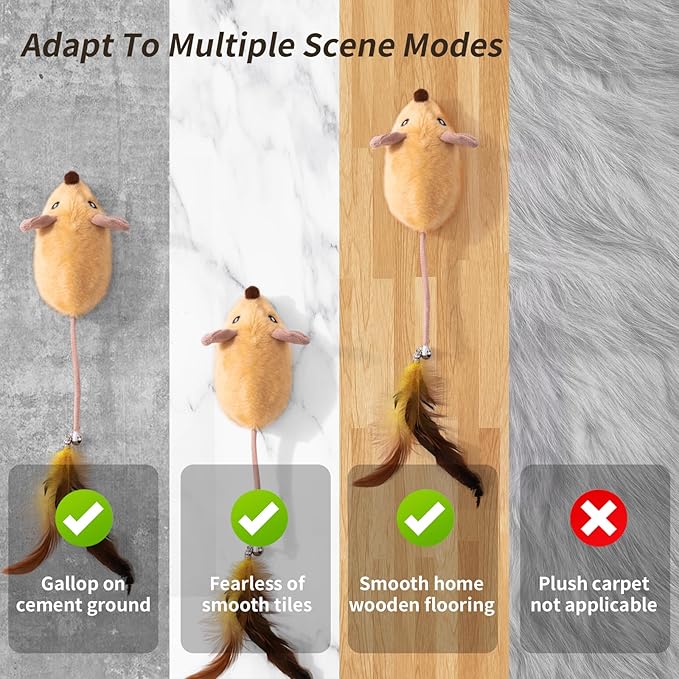 Interactive Cat Toys Mouse for Indoor Cats Rechargeable LED Cat Mouse Toy Feather Bell Tail Lifelike Electric Automatic Moving Mouse Cat Toy for All Breeds Cat Boredom Exercise-Yellow