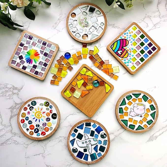 4PCS Mosaic Bamboo Coasters for Crafts, Blank Base Trays, Drinking Cup Coaster, Plant Coaster, Art Plate,DIY Mosaic Supplies (Square)