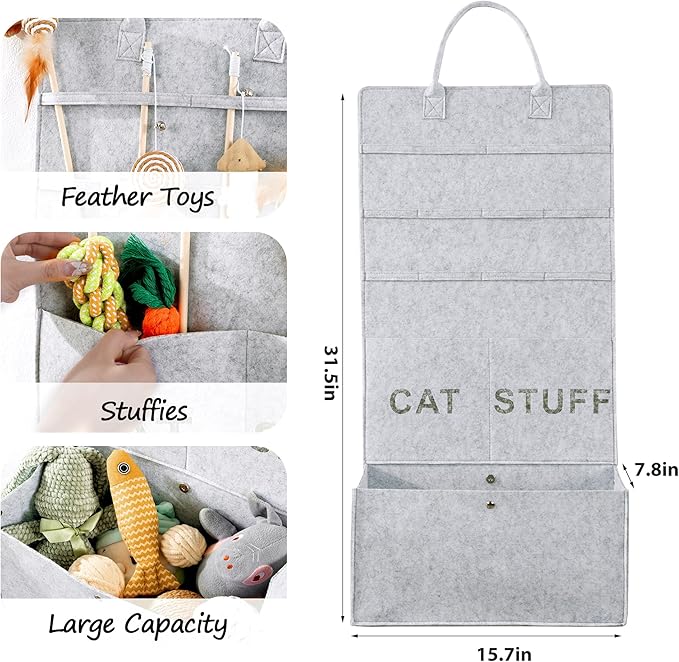 MABOZOO Cat Toy Storage Organizer for Wand Toys,Durable Pet Storage Box with Handle Cat Feather Toy Storage Hanging Bag for Neatly Organizing Teaser Wand Toys（Light Grey）