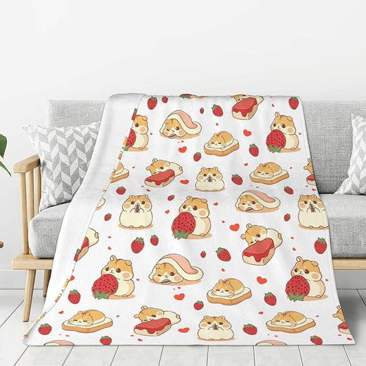 Hamster Strawberry Soft Throw Blanket Flannel Fleece Blankets Warm Cozy Lightweight Fuzzy Blanket for Bed Sofa Couch Home Decor 80"X60"